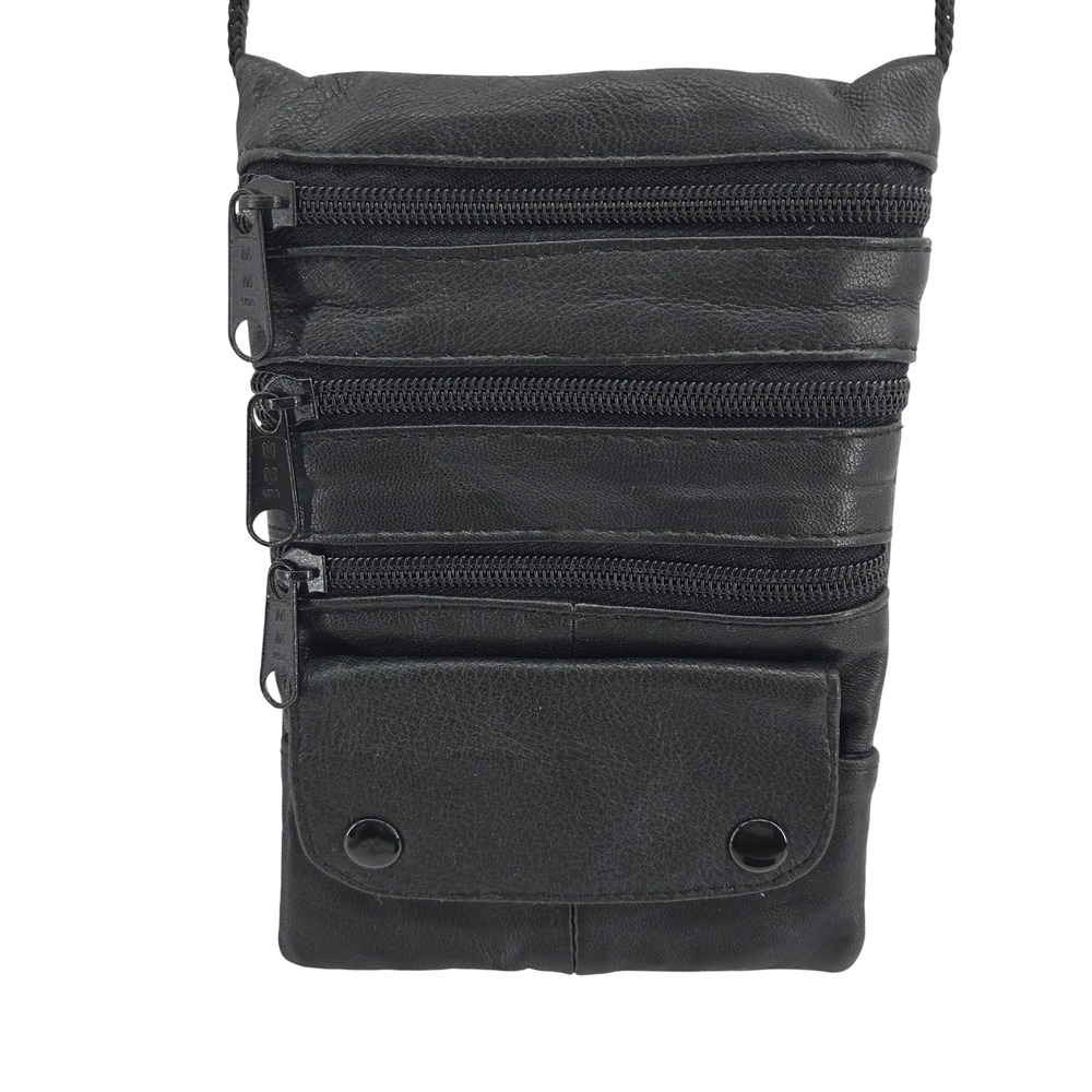 Black Leather Multi Zipper Crossbody Phone Bag Small Shoulder Pouch